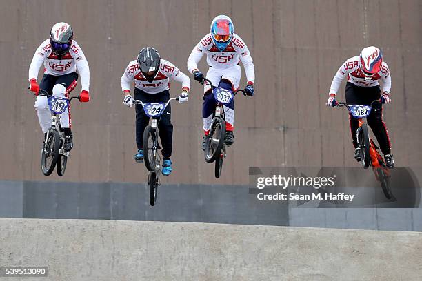 Justin Posey, Corben Sharrah, Jerry Upshaw, and Jared Garcia compete during the USA Olympic Trials for BMX held at the Olympic Training Center on...