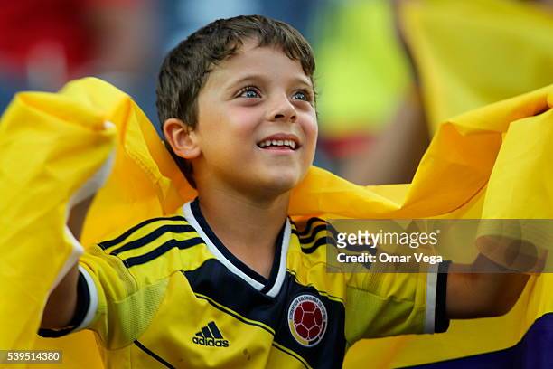 Akid fan of Colombia smiles prior a group A match between Colombia and Costa Rica at NRG Stadium as part of Copa America Centenario US 2016 on June...