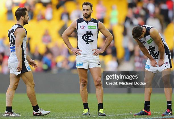 Andrew Walker of the Blues looks dejected after losing during the round 12 AFL match between the St Kilda Saints and the Carlton Blues at Etihad...