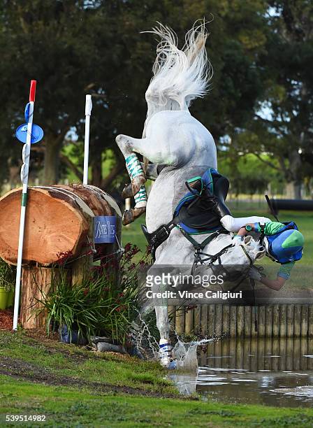 Tarryn Proctor of Victoria comes off her horse Esb Irish Quest and crashes in the water jump in the CCI 3 star Cross Country event during the...