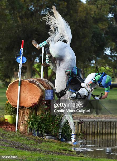 Tarryn Proctor of Victoria comes off her horse Esb Irish Quest and crashes in the water jump in the CCI 3 star Cross Country event during the...