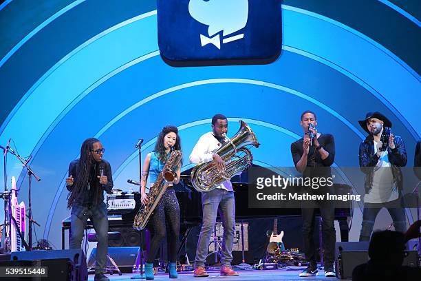 The Jon Batiste and Stay Human band performs onstage at the Hollywood Bowl Presents the 38th Anniversary Playboy Jazz Festival Day 1 at the Hollywood...