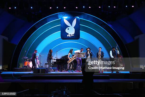 The Jon Batiste and Stay Human band performs onstage at the Hollywood Bowl Presents the 38th Anniversary Playboy Jazz Festival Day 1 at the Hollywood...