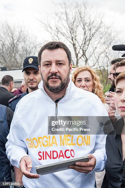 Matteo Salvini during visit at Nomad Camp. The Northern League leader on a visit to the gypsy camp in the Magliana district of Rome with Gorgia...