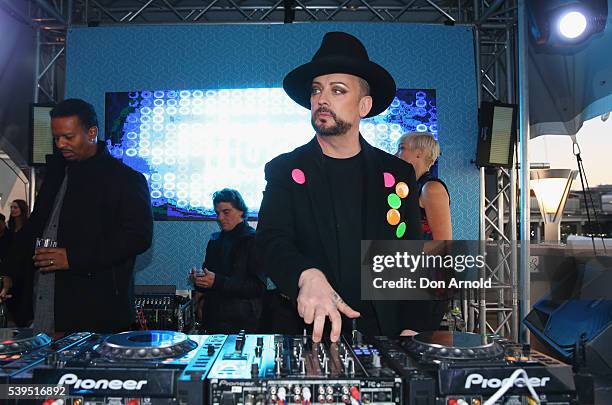 Boy George performs a DJ Set for Vivid Sydney at Cafe del Mar, Darling Harbour on June 12, 2016 in Sydney, Australia.