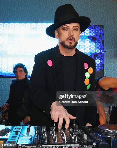 Boy George performs a DJ Set for Vivid Sydney at Cafe del Mar, Darling Harbour on June 12, 2016 in Sydney, Australia.