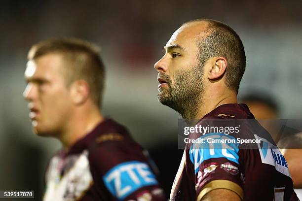 Brett Stewart of the Sea Eagles looks dejected after a Panthers try during the round 14 NRL match between the Manly Sea Eagles and the Penrith...