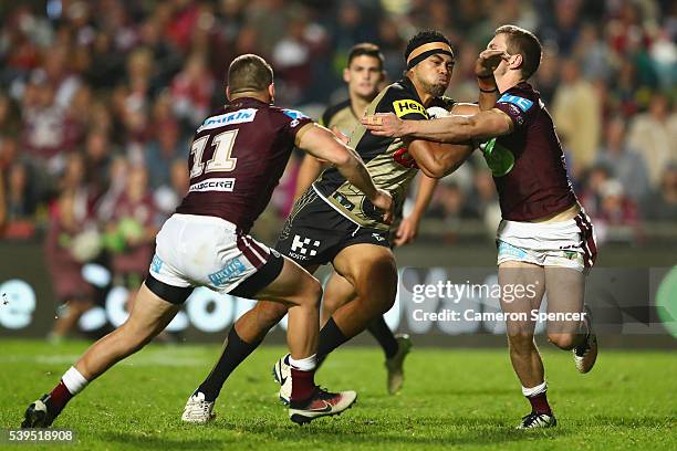 Sitaleki Akauola of the Panthers makes a break during the round 14 NRL match between the Manly Sea Eagles and the Penrith Panthers at Brookvale Oval...