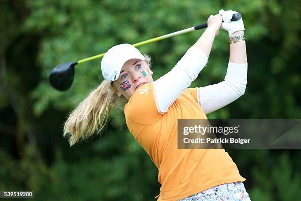 Bronte Law of Great Britain & Ireland plays her tee shot on the 9th hole during the Afternoon Fourballs on Day 2 of the Curtis Cup on June 11, 2016...