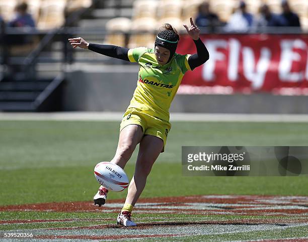 Emilee Cherry of Australia kicks the ball during the match at Fifth Third Bank Stadium on April 9, 2016 in Kennesaw, Georgia.