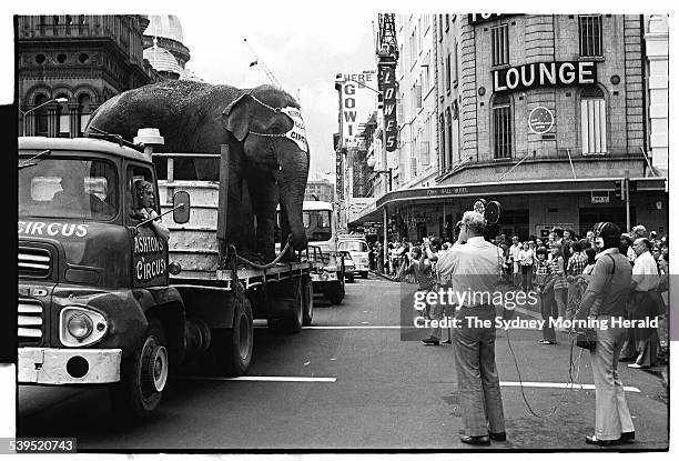 Procession along the Sydney city streets by the Ashton Circus Pantomine A Clown That Lost his Circus on 31 April 1974. SMH NEWS Picture by PAUL...