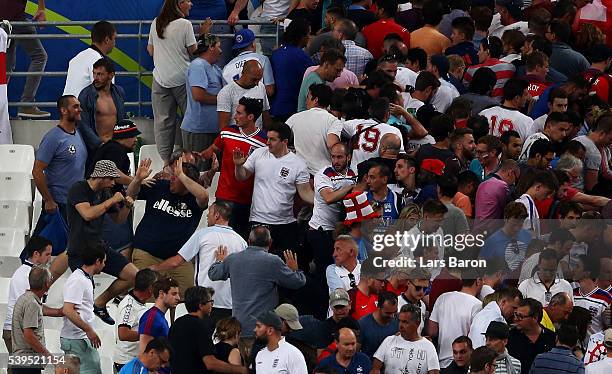 Fans clash after the UEFA EURO 2016 Group B match between England and Russia at Stade Velodrome on June 11, 2016 in Marseille, France.