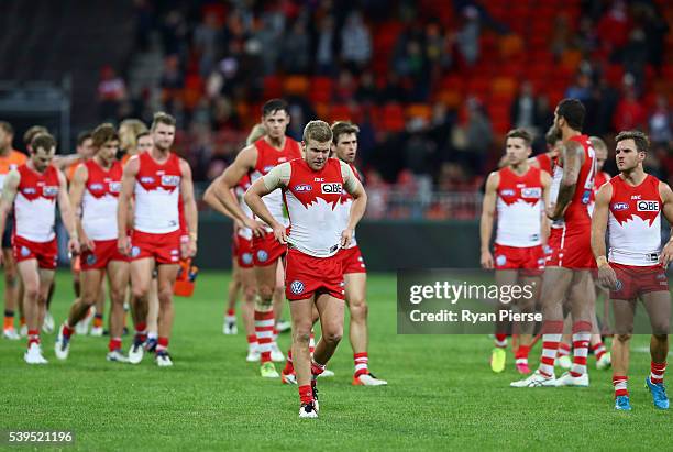 Daniel Hannebery of the Swans looks dejected after the round 12 AFL match between the Greater Western Sydney Giants and the Sydney Swans at Spotless...