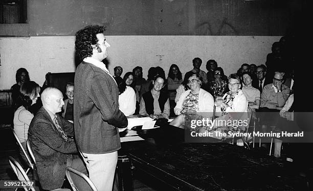 Secretary of the Builders Labourers Federation Jack Mundey at a meeting of the Darlinghurst Residents Action group on 2 April 1973 SMH NEWS Picture...