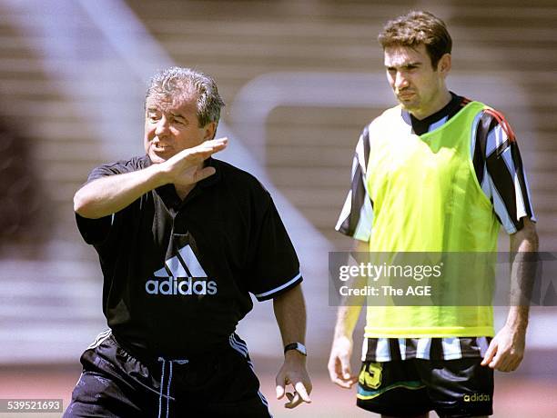 Stan Lazaridis listening in to coach Terry Venables during Australian Socceroos training session at the Olympic Park, 25 November 1997. THE AGE...