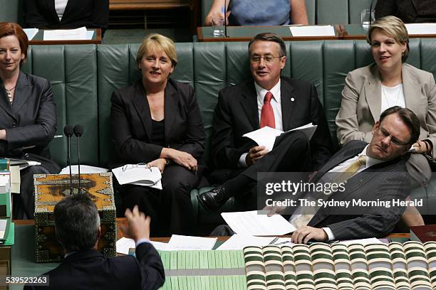 The Opposition front bench, Julia Gillard, Jenny Macklin, Wayne Swan, Tanya Plibersek and Mark Latham on 30 November 2004 during Question Time in the...