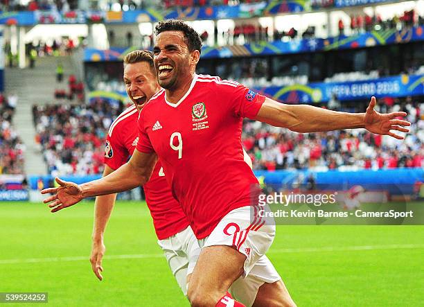 Wales's Hal Robson-Kanu celebrates scoring his sides second goal during the UEFA Euro 2016 Group B match between Wales and Slovakia at Nouveau Stade...