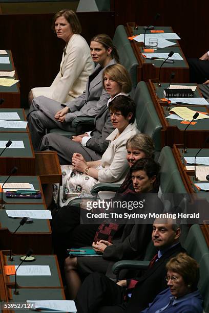 The opening of the forty first Federal Parliament of Australia on 16 November 2004. Opposition backbench women line up behind the leader, Julie...