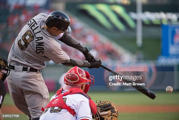 Nick Castellanos of the Detroit Tigers bats during the second inning of the game against the Los Angeles Angels of Anaheim at Angel Stadium of...