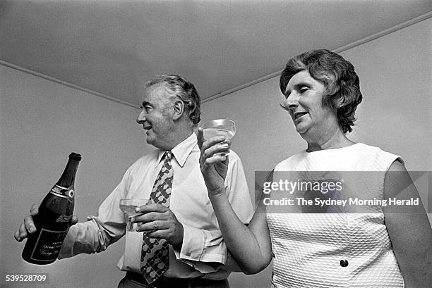 Gough and Margaret Whitlam celebrating after winning the Labor Party won the 1972 Federal election on 2 December 1972. SMH NEWS Picture by LIPMAN