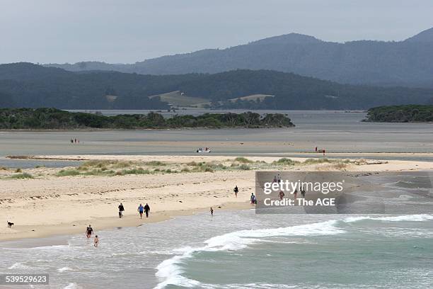 Shoreline series. Mallacoota. Few vacationers on the beach. Taken 6th January 2005. THE AGE NEWS Picture by MARIO BORG