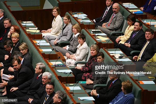 The opening of the forty first Federal Parliament of Australia on 16 November 2004. Opposition backbench women line up behind the leader, Julie...