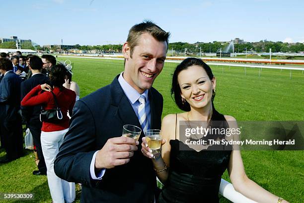 Radar Kiss and Tell Picture of Robert Blackwood and Michelle O Brien at Randwick Races Spring Carnival for their date 4 October 2004. SMH Picture by...