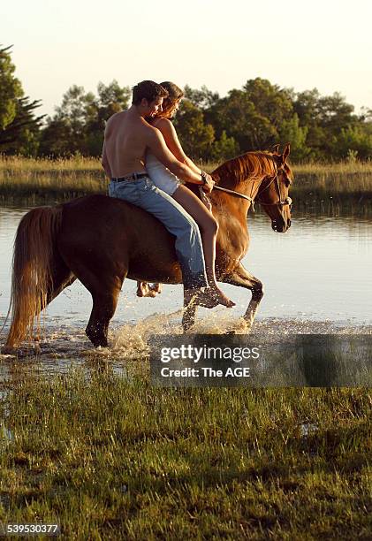 Zoe Philips from Lancefield and Stuart Thege from Essendon riding Arabian Gelding Pevensey Flamingo. Taken 13th January 2005 THE AGE A3 Picture By...