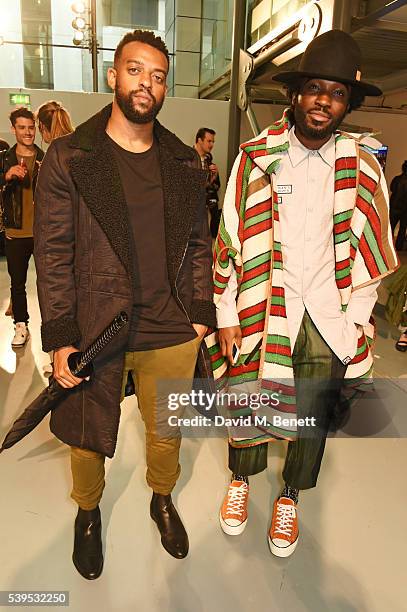 Oritse Williams and Charley Van Purpz attend the Christopher Raeburn show during The London Collections Men SS17 at BFC Show Space on June 12, 2016...
