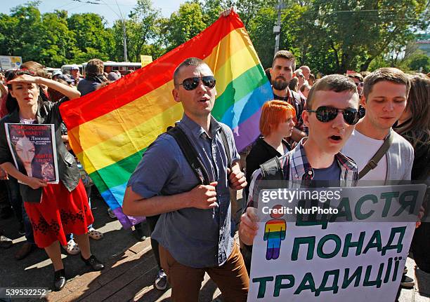 Gay activists and their supporters hold the Gay pride parade in Kiev, Ukraine,12 June,2016. Representatives of LGBT, gay rights activists and their...