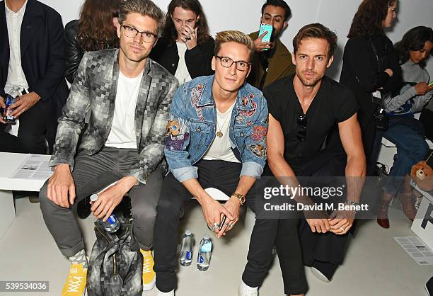 Darren Kennedy, Oliver Proudlock and Andrew Cooper attend the Christopher Raeburn show during The London Collections Men SS17 at BFC Show Space on...