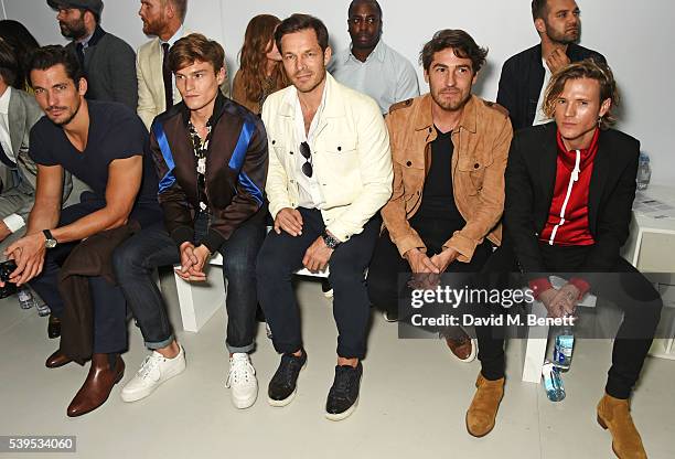 David Gandy, Oliver Proudlock, Paul Sculfor, Robert Konjic and Dougie Poynter attend the Christopher Raeburn show during The London Collections Men...