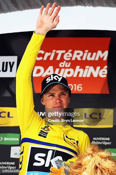 Chris Froome of Great Britain and Team SKY celebrates winning the 2016 Criterium du Dauphine, a 151km stage from Le Pont-de-Claix to Superdevoluy, on...