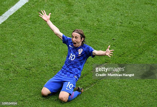 Luka Modric of Croatia celebrates scoring his team's first goal during the UEFA EURO 2016 Group D match between Turkey and Croatia at Parc des...