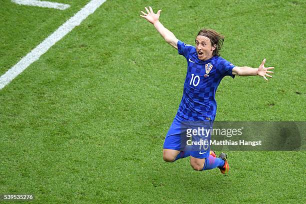 Luka Modric of Croatia celebrates scoring his team's first goal during the UEFA EURO 2016 Group D match between Turkey and Croatia at Parc des...