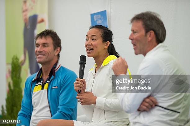 Pat Cash, Anne Keothavong and Jeremy Bates hold a Q&A during a rain delay on day seven of the WTA Aegon Open on June 12, 2016 in Nottingham, England.