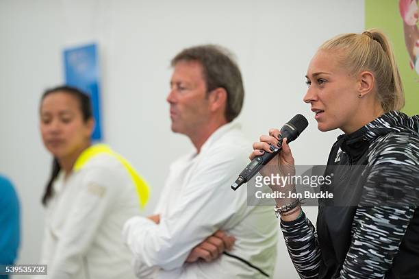 Anne Keothavong, Jeremy Bates and Jocelyn Rae hold a Q&A during a rain delay on day seven of the WTA Aegon Open on June 12, 2016 in Nottingham,...