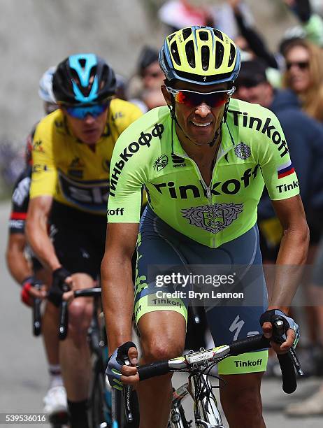 Alberto Contador of Spain and the Tinkoff team leads Chris Froome of Great Britain and Team SKY during stage seven of the 2016 Criterium du Dauphine,...