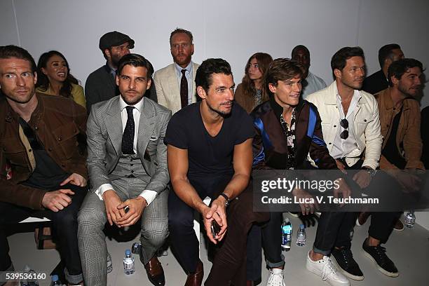Craig McGinlay, Johannes Huebl, David Gandy, Paul Sculfor and Robert Konjic attend the Christopher Raeburn show during The London Collections Men...
