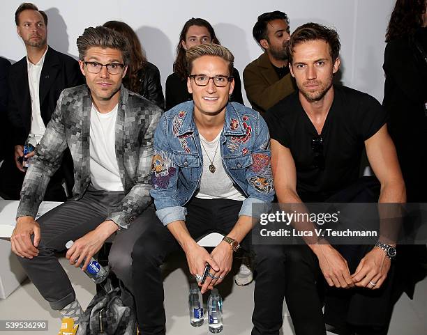 Darren Kennedy, Oliver Proudlock and Andrew Cooper attend the Christopher Raeburn show during The London Collections Men SS17 at on June 12, 2016 in...