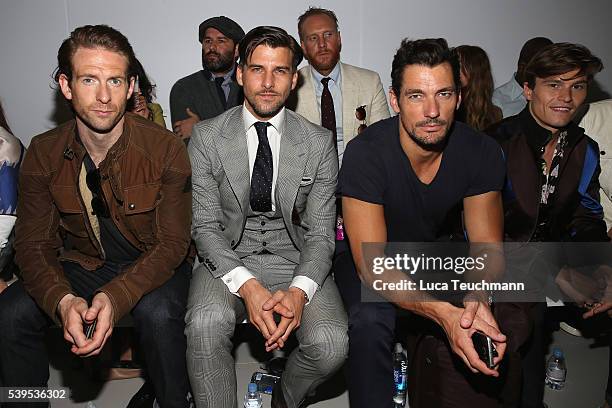 Craig McGinlay, Johannes Huebl, David Gandy and Paul Sculfor attend the Christopher Raeburn show during The London Collections Men SS17 at on June...