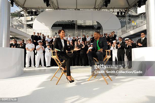Good Morning America news anchor Robin Roberts interviews actor Will Smith aboard the Intrepid Sea, Air and Space museum during Fleet Week New York...