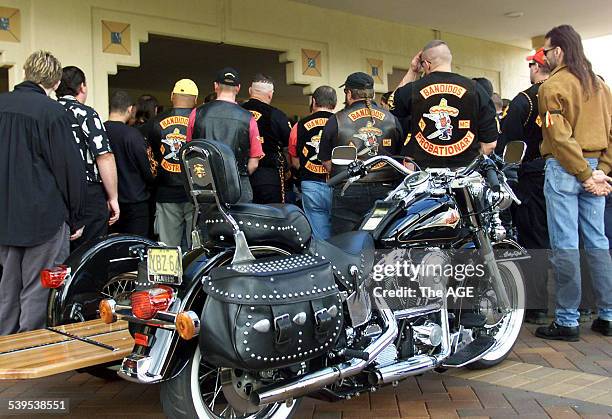 Bandidos at Rod Partington funeral at Ryhope Crematorium, 2 April 2001. THE AGE Picture by RON BELL