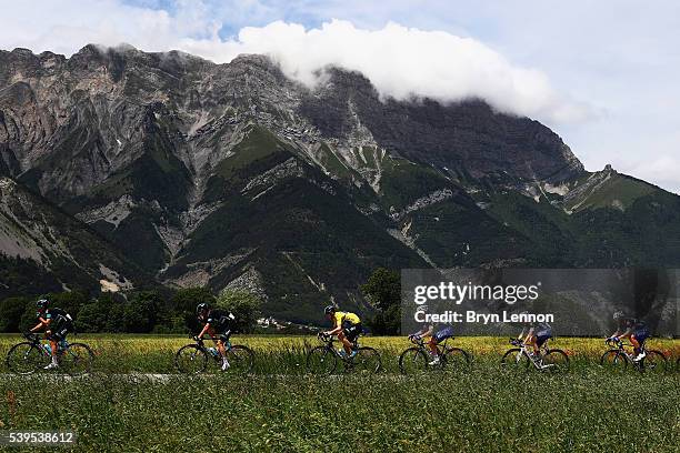 Chris Froome of Great Britain and Team SKY in the peloton with his team mates during stage seven of the 2016 Criterium du Dauphine, a 151km stage...