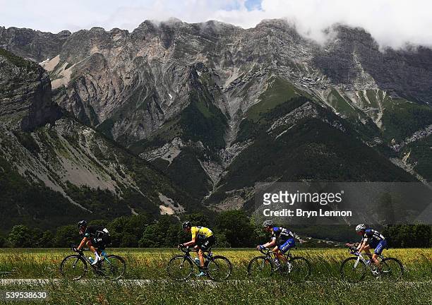 Chris Froome of Great Britain and Team SKY in the peloton with his team mates during stage seven of the 2016 Criterium du Dauphine, a 151km stage...