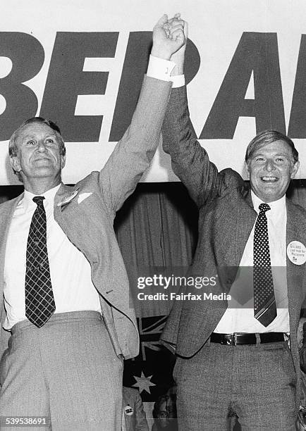 Doug Anthony and Malcolm Fraser at the Liberal Party rally at St Marys, 25 October 1980.