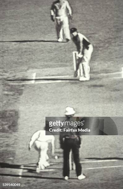 The underarm incident. World Cup Series, Australian vs New Zealand, 1 February 1981 . Trevor Chappell bowls under-arm, as orderd by brother Greg, at...