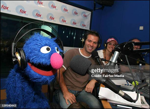 Grover the muppet at Fox fm Breakfast team, Matt Tilley, Jo Stanley and Adam Richard. 7th March 2005. AGE METRO Picture by CATHRYN TREMAIN
