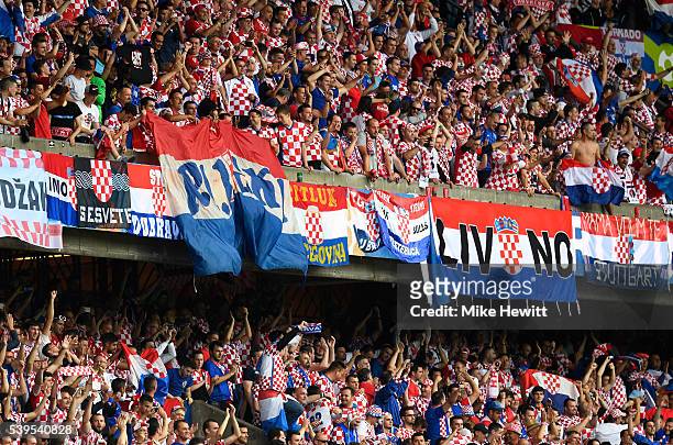 Croatia supporters celebrate their team's 1-0 win after the UEFA EURO 2016 Group D match between Turkey and Croatia at Parc des Princes on June 12,...