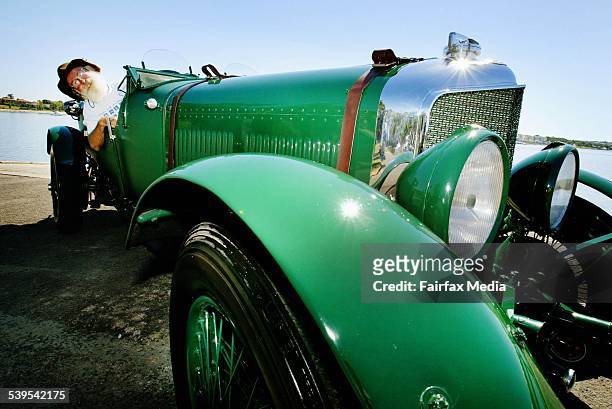 Much loved speed six Bentley 1929 Le-mans, valued at $1 million, 2005. Passer by Andrew Brosnan models in the car for us. Pictured at Cabarita, 1...